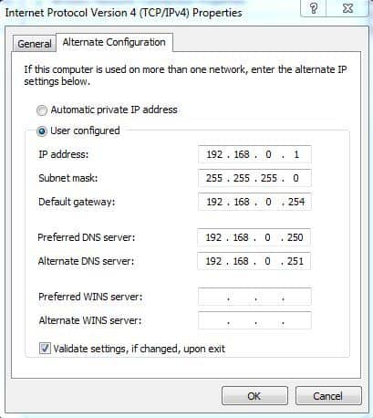 Configuración de una configuración alternativa de TCP/IP